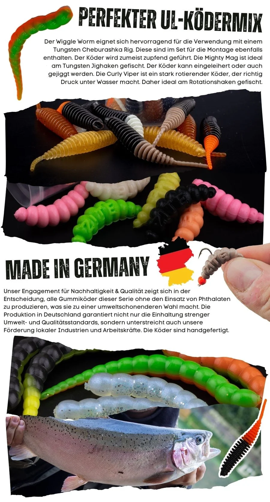 XXL Forellen Gummiköder Set - UL-Köder Bundle mit Mighty Mag, Curly Viper, Twerky Tailer & Haken + GRATIS ÜBERRASCHUNG - Detaillierte Übersicht