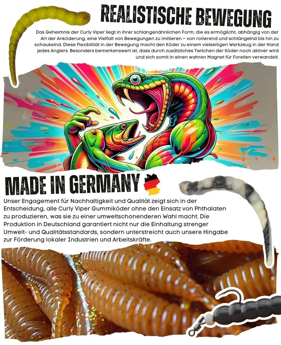 Zite Fishing Curly Viper Natur Mix Käse 6,5 cm Rotationsköder für Forelle 8 Stück - Detaillierte Übersicht