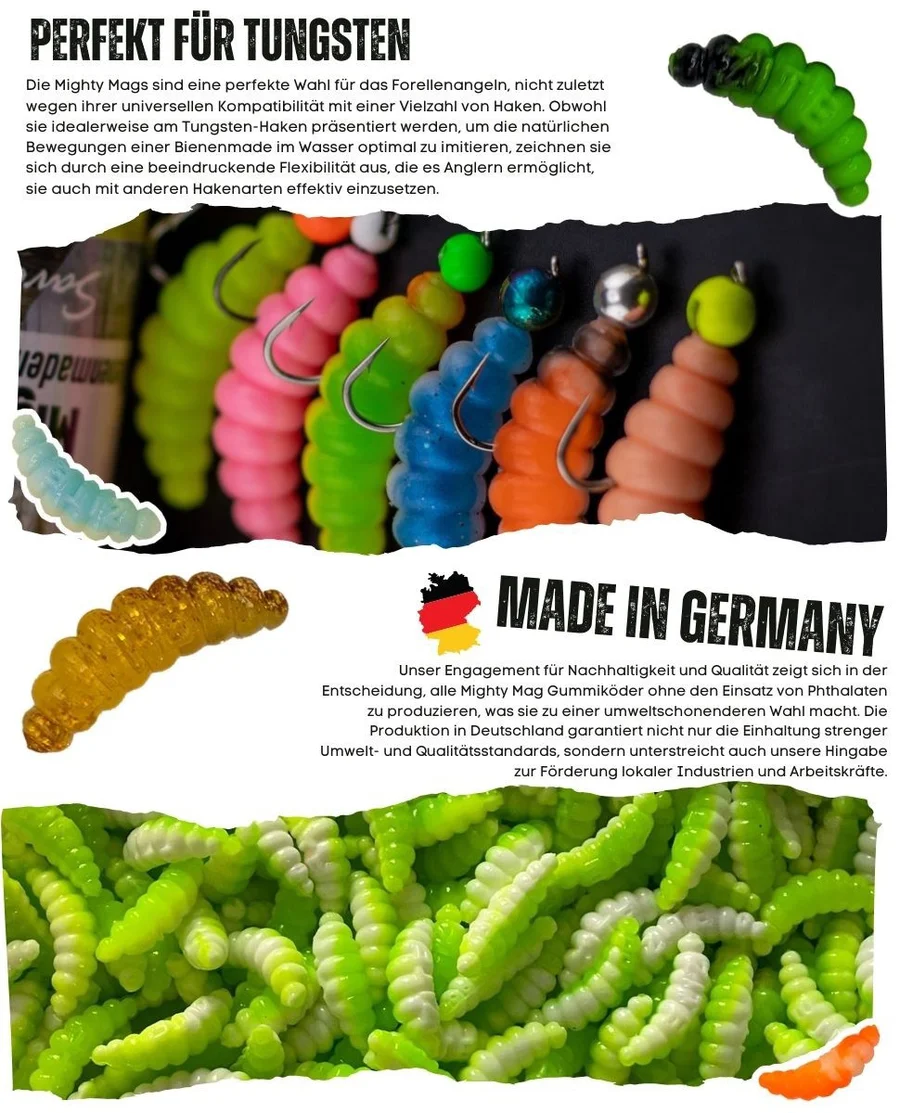 Mighty Mag Bienenmade Allround Mix Knoblauch Gummiköder Forelle 2,8 cm 12 Stück - Detaillierte Übersicht