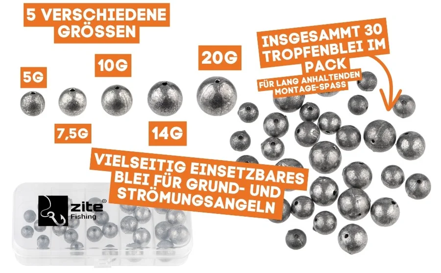 Zite Fishing Lochblei Sortiment 30 Stück 5-20g Kugelblei mit Schnurkanal in Sortierbox Grund- & Strömungsangeln - Detaillierte Übersicht