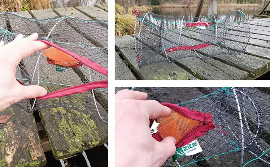 Köderfischreuse Rund 30x60cm mit Futterbeutel und Reißverschluss von Zite Fishing - Unsere Reuse im Outdoor Einsatz