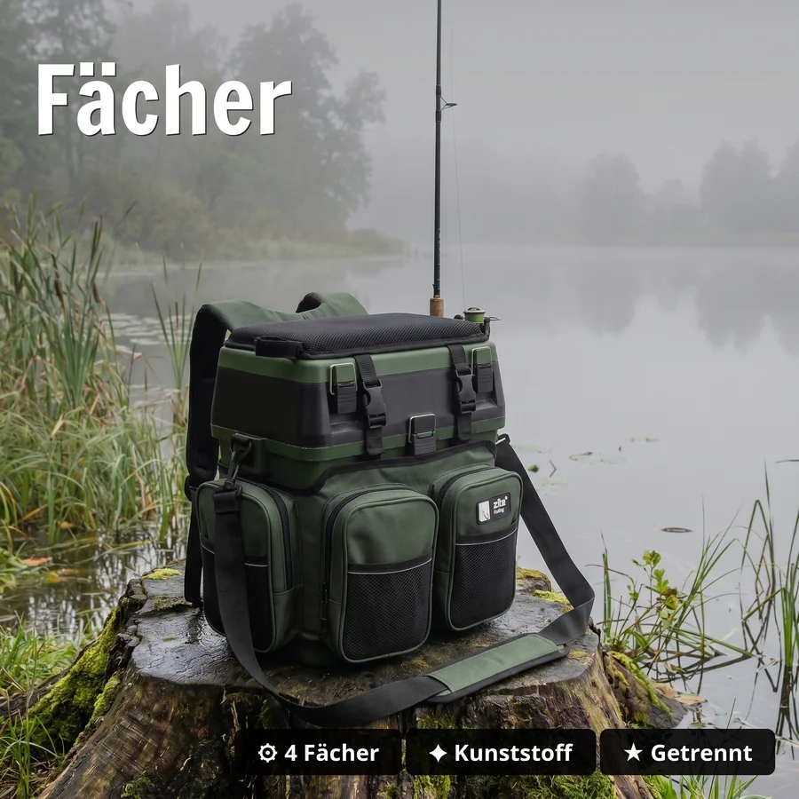 Multi Angel-Koffer-Rucksack & Sitz-Kiepe 3-in-1 – Angelrucksack Sitzkiepe Angelkoffer Zite Fishing - Fächer