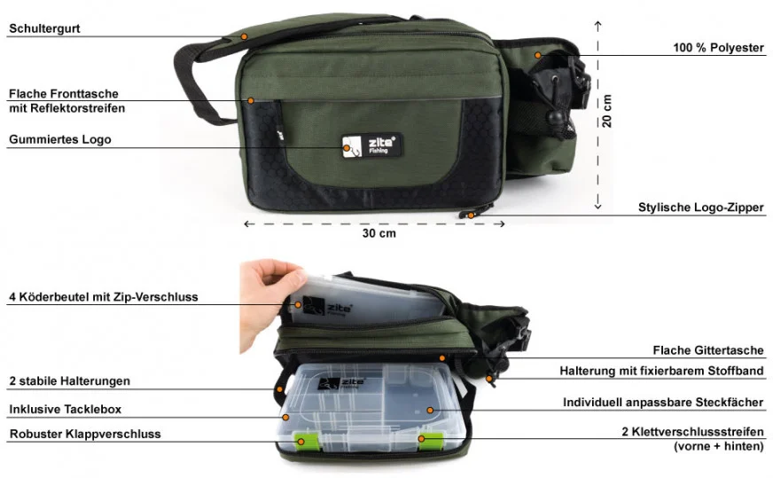Zite Fishing Sling-Bag Umhängetasche Spinnfischen mit Box & Tüten - Detaillierte Übersicht