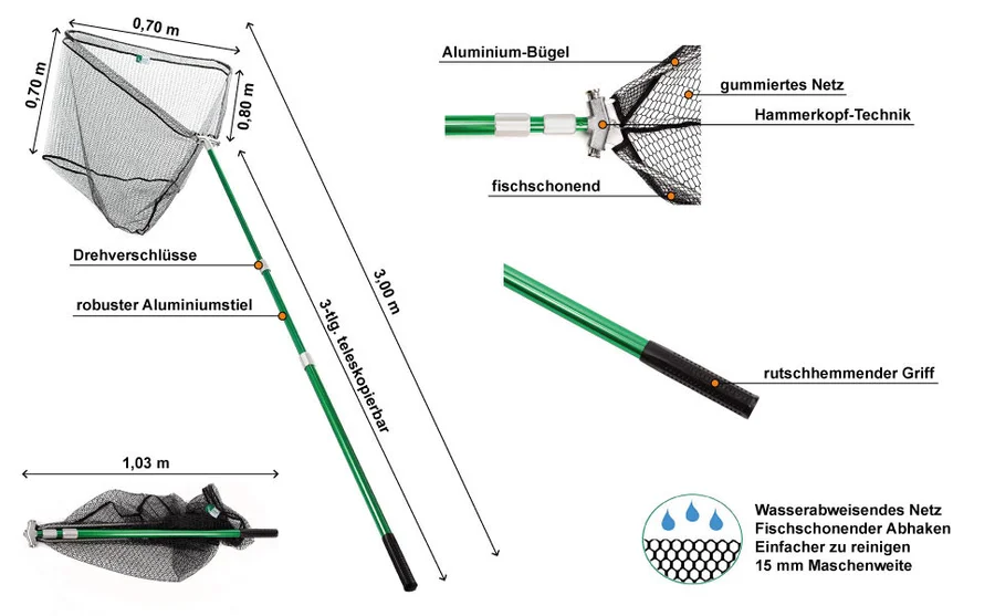 Teleskop Hammerkopf Kescher Gummiert Groß 3m 80x70cm Zite Fishing - Detaillierte Übersicht