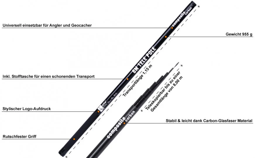 Stipprute 8m Carbon Composite Stippe Zite Fishing - Detaillierte Übersicht