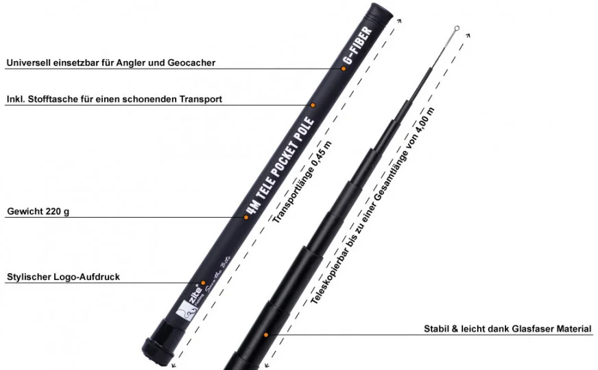 Teleskop Pocket Pole Stipprute 4m mit Tasche Zite Fishing - Detaillierte Übersicht