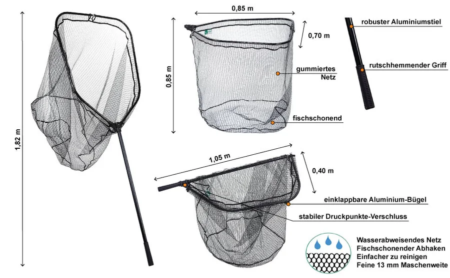 Bootskescher Gummiert Groß & Faltbar 70x85cm Zite Fishing - Detaillierte Übersicht