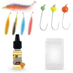 Forellenwürmer 5,5 cm 25 Stück mit 3 Tungstenhaken und 10 ml Fisch Aroma Zite Fishing - Umfangreiches Set