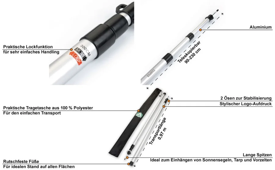 Zamper Aluminium-Teleskopstangen mit Tasche 90-230cm - Detaillierte Übersicht