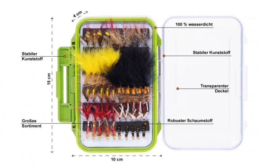 Fliegen Set Fliegenfischen 120 Stück in Box Zite Fishing - Detaillierte Übersicht
