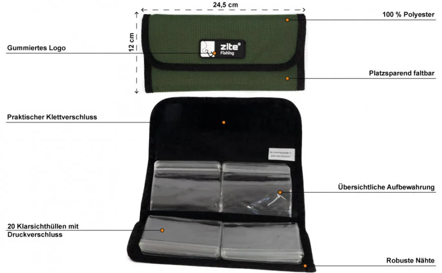 Vorfachtasche Angeln Groß & Faltbar 24,5x12cm Zite Fishing - Detaillierte Übersicht