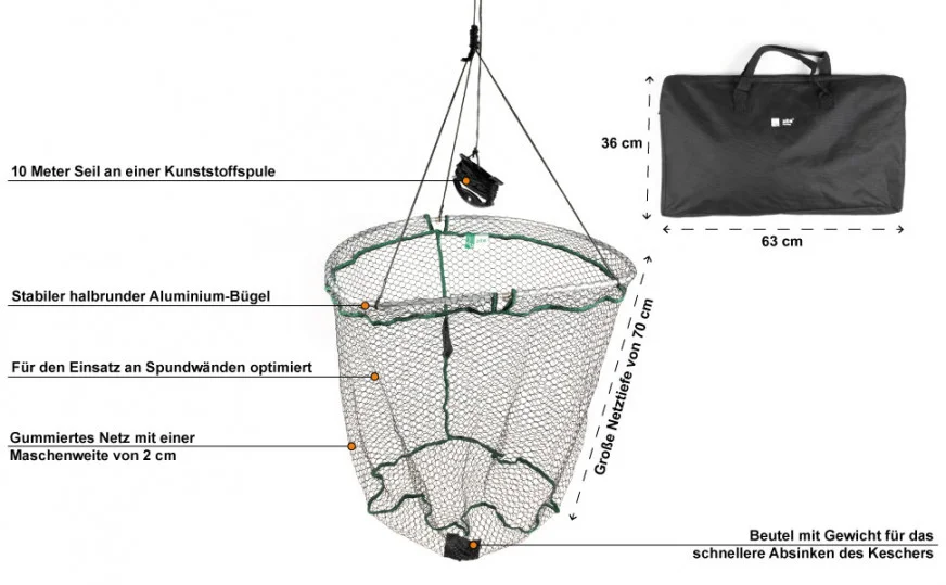 Spundwandkescher Gummiert 70x60x70cm mit 10m Seil und Tasche Zite Fishing - Detaillierte Übersicht