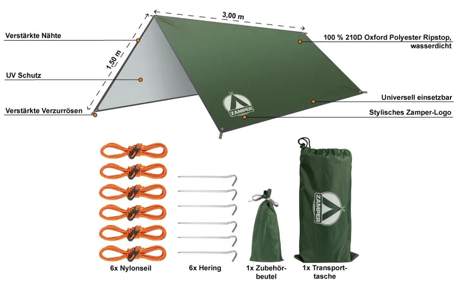 Zamper Tarp Zeltplane grün 3x3 m - Detaillierte Übersicht