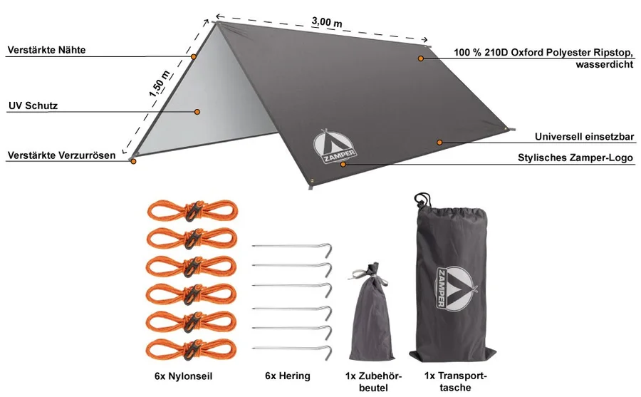 Zamper Tarp Zeltplane grau 3x3 m - Detaillierte Übersicht