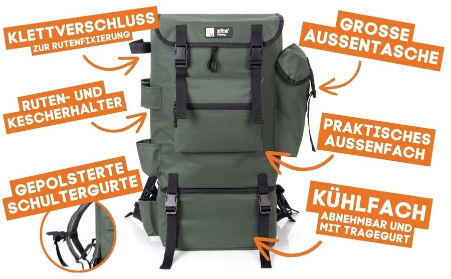 Angelrucksack mit abnehmbarem Kühlfach ISO Rucksack Angeln 55cm Zite Fishing - Detaillierte Übersicht