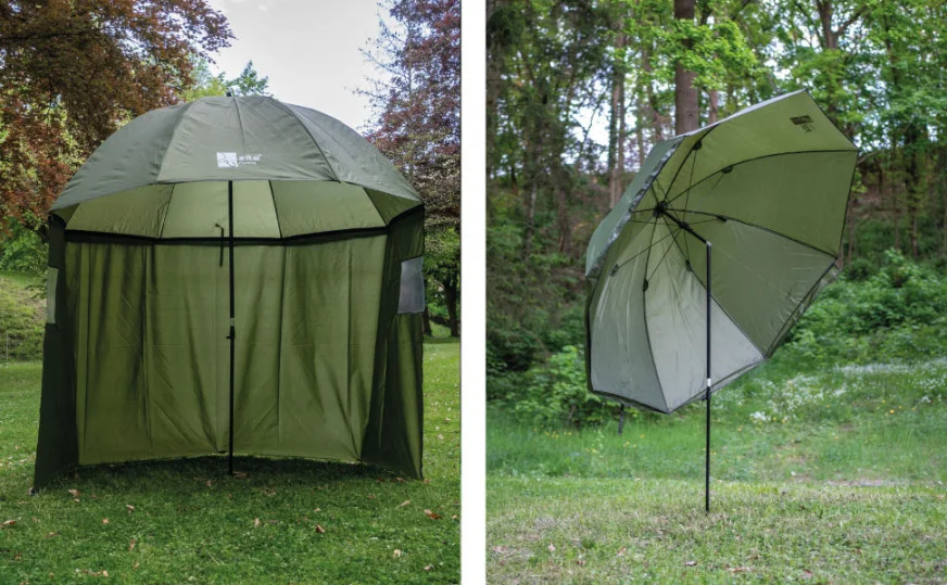 Angelschirm Schirmzelt mit Umhang 250 cm + Schirmstütze Set Zite Fishing - Unser Schirmzelt im Outdoor-Einsatz