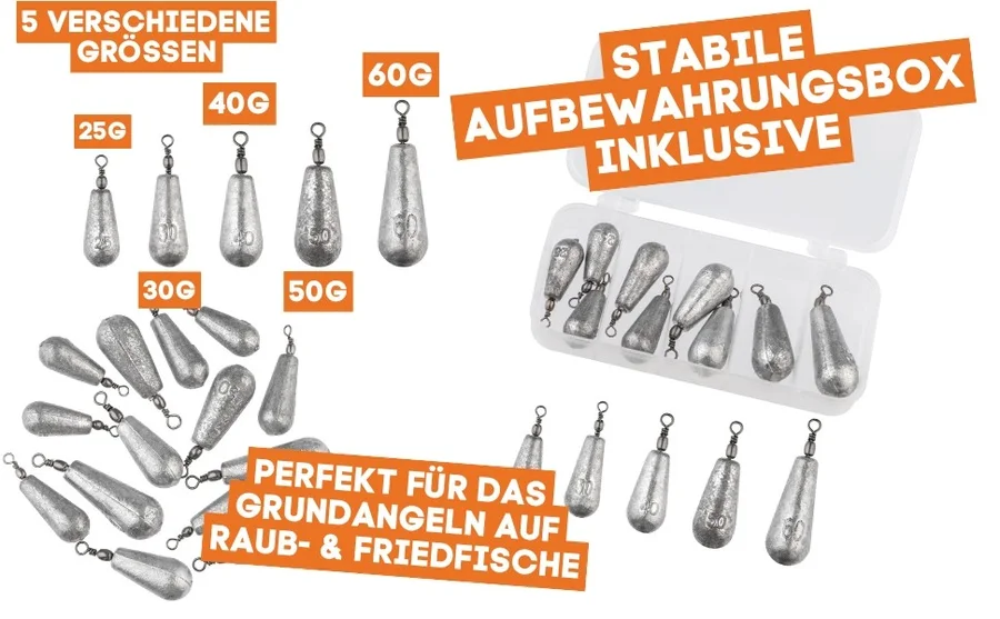 Zite Fishing Tropfenblei Set 25-60g 14 STK Birnenblei Sortiment Angelgewichte Grundangeln - Detaillierte Übersicht