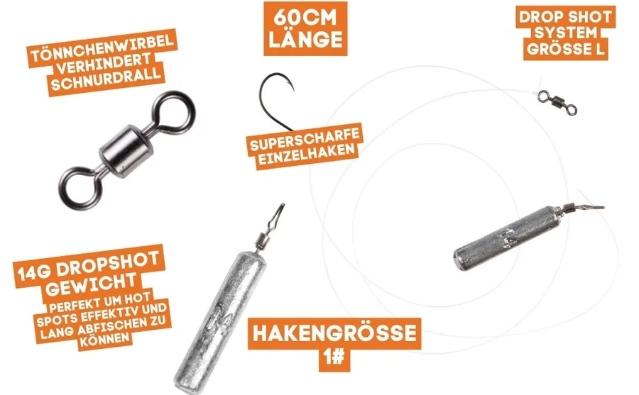 Zite Fishing Drop Shot Ready Rig #L mit 14g Blei, DS Haken & Fluorocarbon-Coated Vorfach-Schnur als Fertigmontage  - Detaillierte Übersicht