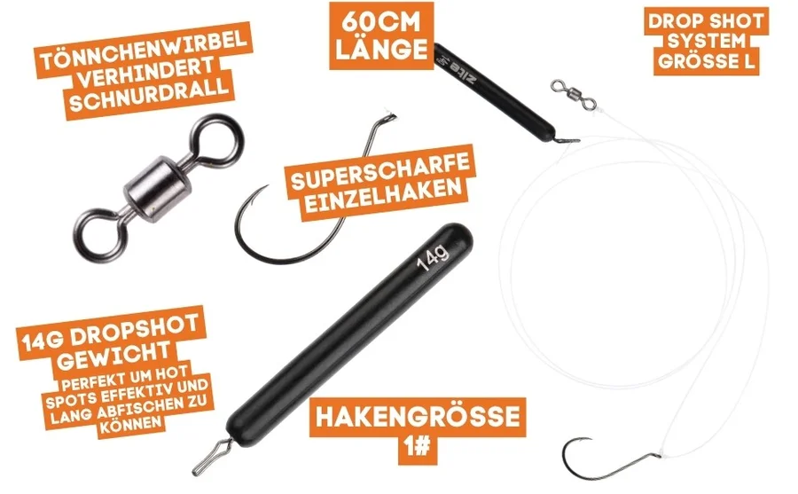 Zite Fishing Tungsten Drop Shot Ready Rig #L mit 14g Gewicht, DS Haken & Fluorocarbon-Coated Vorfach als Fertigmontage - Detaillierte Übersicht