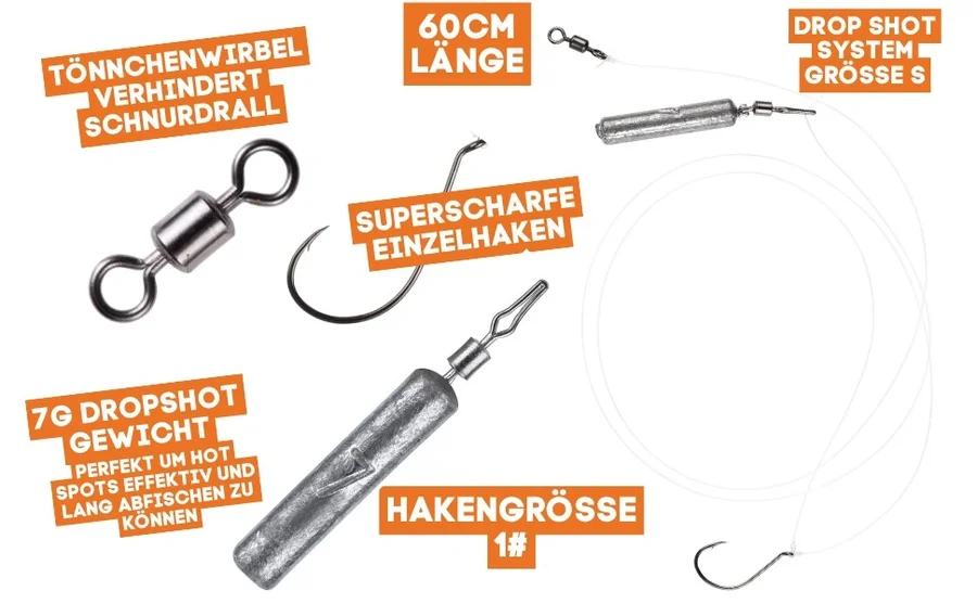 Zite Fishing Drop Shot Ready Rig #S mit 7g Blei, DS Haken & Fluorocarbon-Vorfachmaterial als Fertigmontage - Detaillierte Übersicht