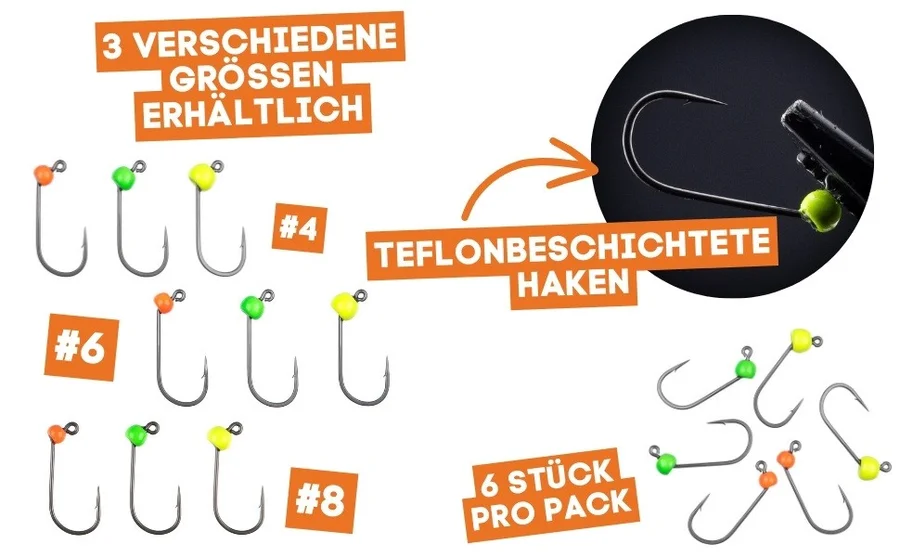 Zite Fishing Tungsten ProSharp Jighaken Set #4 Neon 18 Angelhaken 0,3-0,7g Jigköpfe Tefloncoated in Sortierbox  - Detaillierte Übersicht