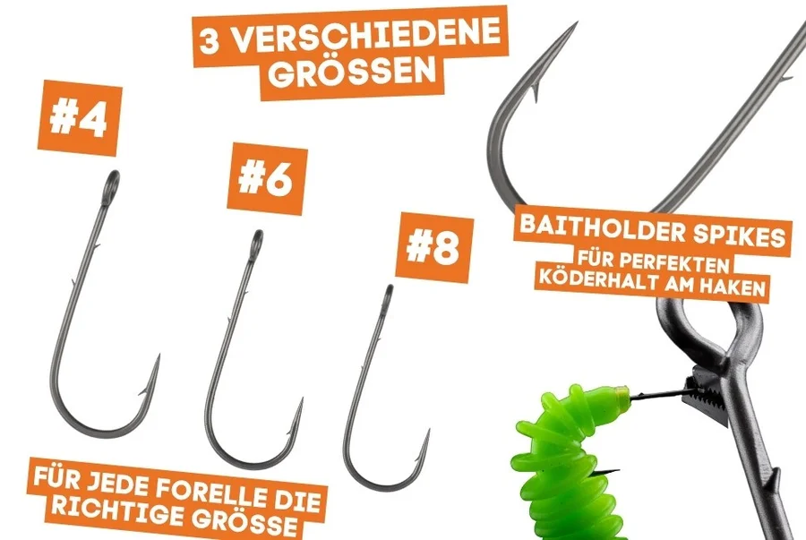 Zite Fishing ProSharp Chebu Haken Set #4-8 30 tlg. Teflon-Haken mit Baitholder für Cheburashka-Rig Forelle & Barsch  - Detaillierte Übersicht