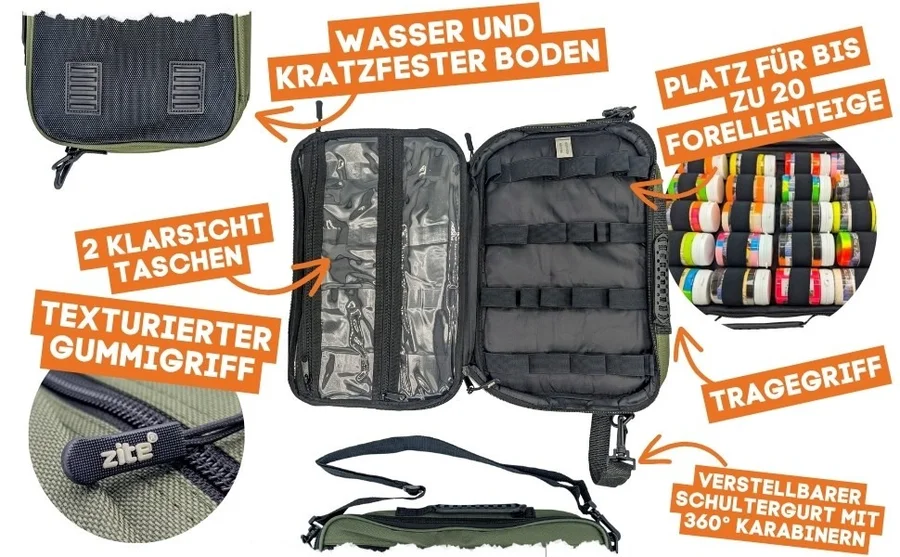 Forellenteig Tasche 23x36x6cm für 20 Forellenpasten Dosen Wasserfest & Tragbar - Detaillierte Übersicht