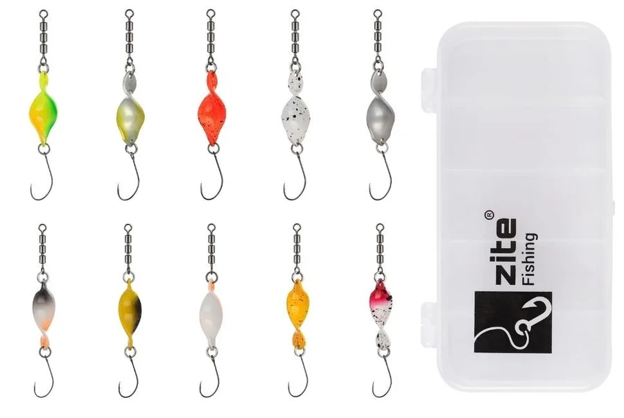 Zite Fishing Spiral Strike Shooter Spoon Set - 10 Stück Forellen-Spoons mit Ownerhaken in Köderbox - Detaillierte Übersicht