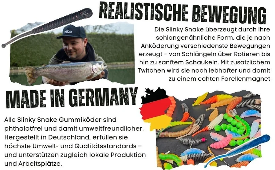 Zite Fishing Slinky Snake Starter Set - 40 Gummiköder Knoblauch & Käse Aroma + 12 ProSharp Haken - Detaillierte Übersicht