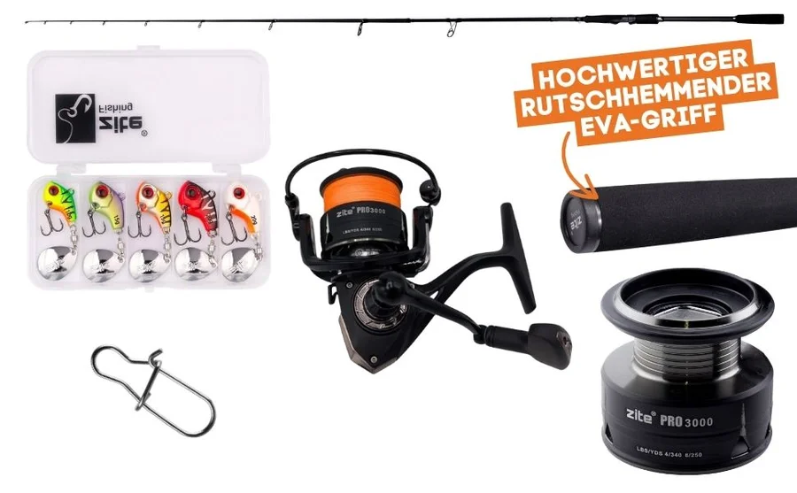Zite Fishing Inzite Pro Stick Starter-Set Zander Spinning Reel Pro 3000 bespult, Jigspinner Neon & Snaps - Detaillierte Übersicht