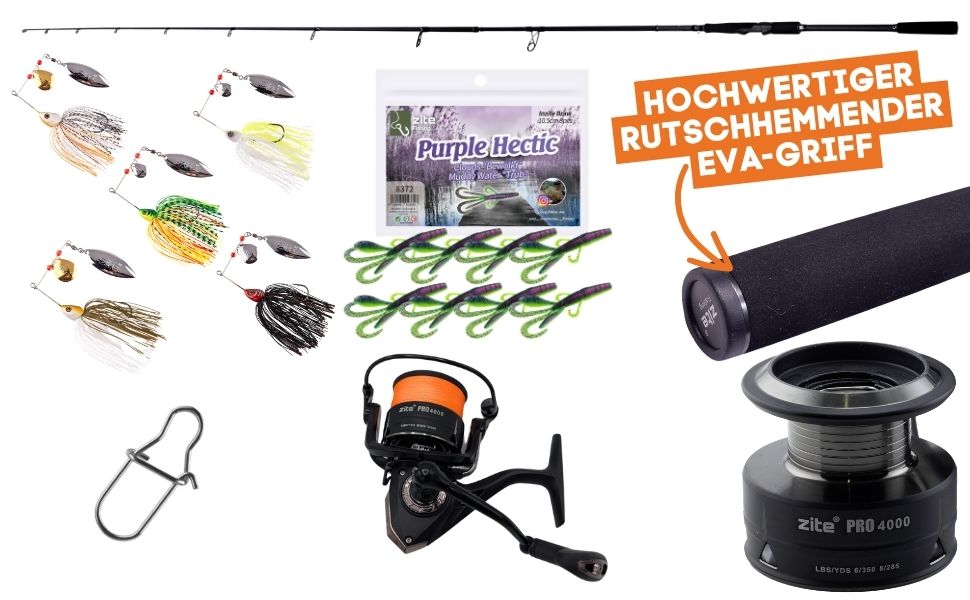 Zite Fishing Inzite Pro Stick Starter-Set Hecht Spinning Reel Pro 4000 bespult, Spinnerbait, Snaps & Inzite Braw - Detaillierte Übersicht