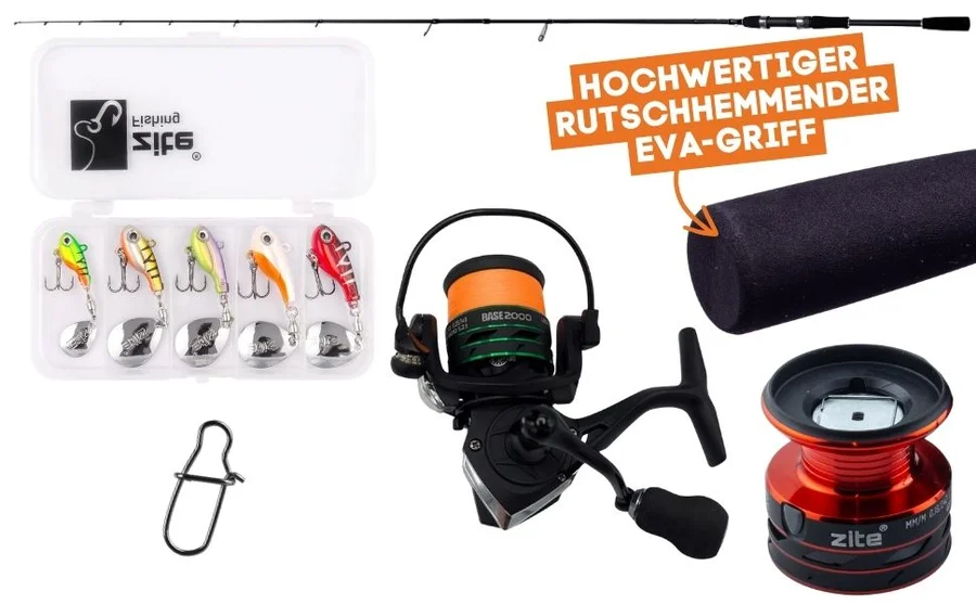 Zite Fishing Barsch Starterset Komplett – Inzite Base Stick 225cm Rute, Spinning Reel 2000 bespult & Neon Jigspinner Set - Detaillierte Übersicht