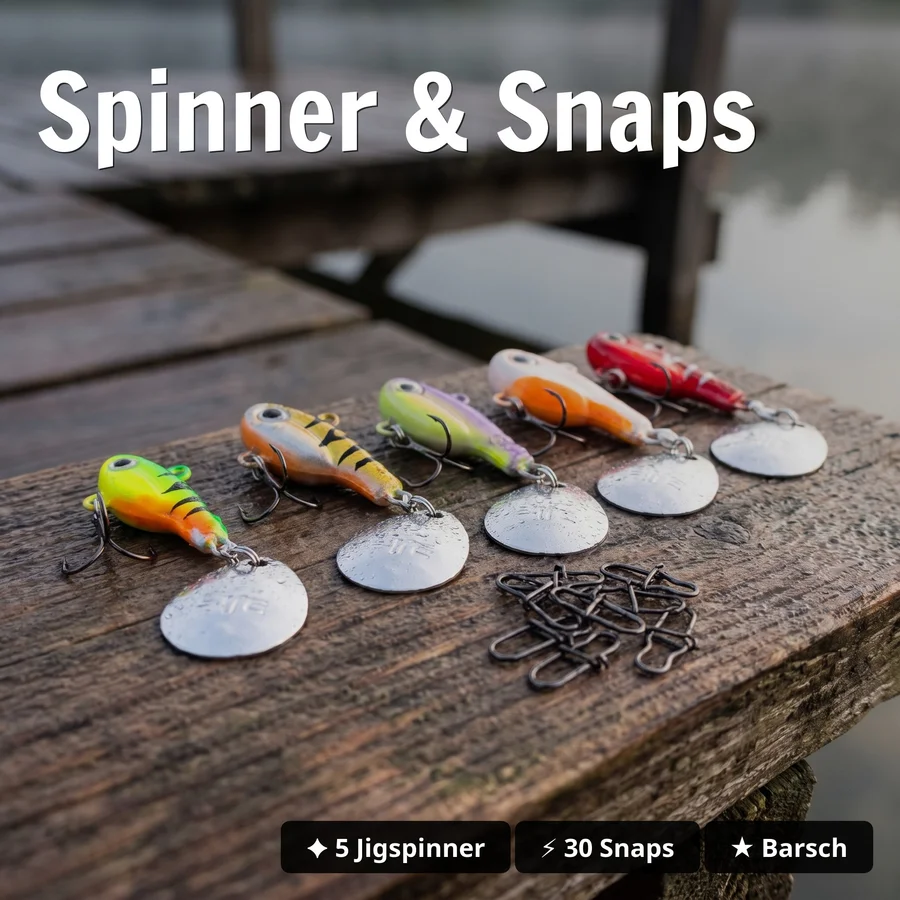 Zite Fishing Barsch Starterset Komplett – Inzite Base Stick 225cm Rute, Spinning Reel 2000 bespult & Neon Jigspinner Set - Spinner & Snaps