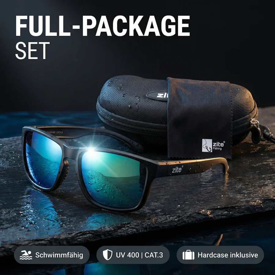 Zite Fishing Polarisationsbrille Culo – Blaugrün verspiegelt mit UV400-Schutz, schwimmfähig & Hardcase - Schwimmfähiges Full-Package-Set