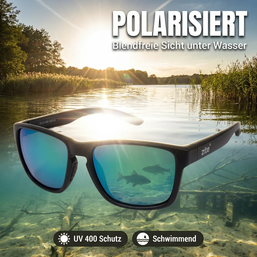 Zite Fishing Polarisationsbrille Culo – Blaugrün verspiegelt mit UV400-Schutz, schwimmfähig & Hardcase - Optimierte Sicht am Wasser