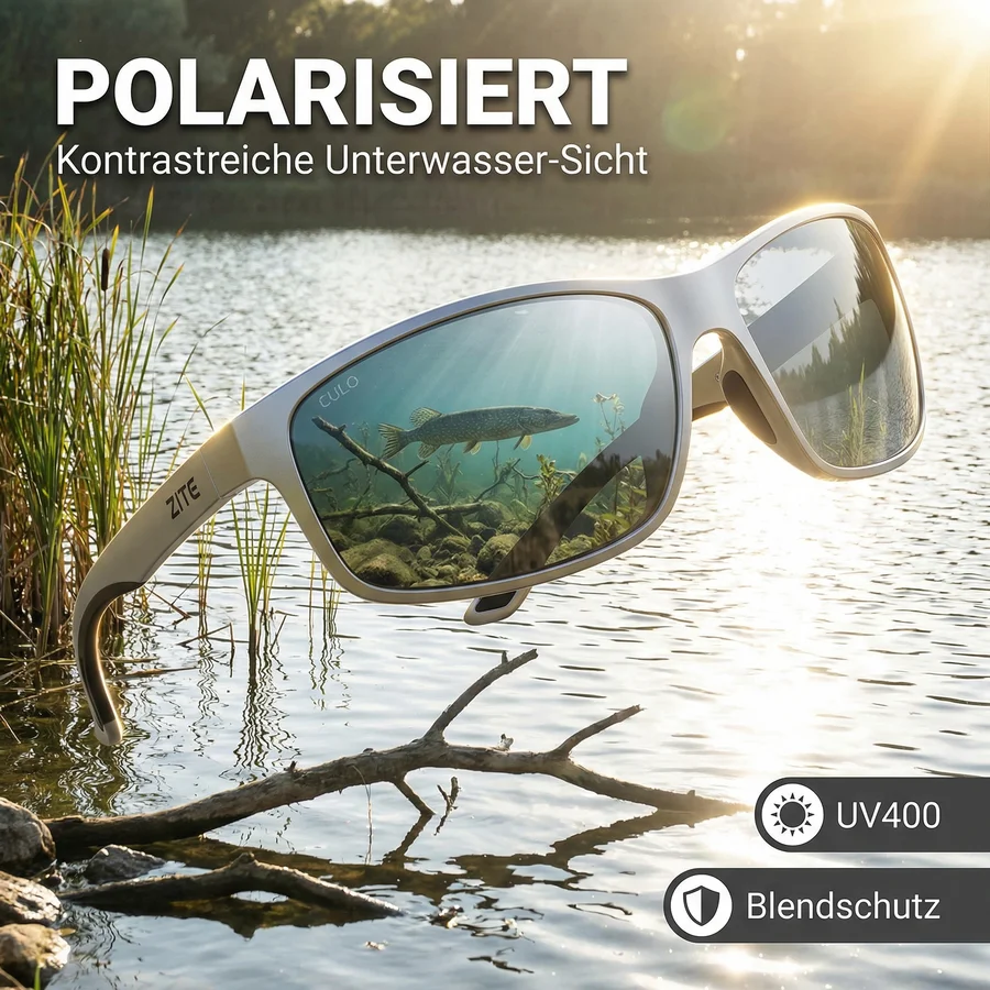 Zite Fishing Polarisationsbrille Culo – Silber verspiegelt mit UV400-Schutz, schwimmfähig & Hardcase - Kontrastreiche Unterwasser-Sicht