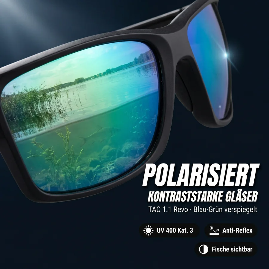 Zite Fishing Polarisationsbrille Orus – Blaugrün verspiegelt mit UV400-Schutz, schwimmfähig & Hardcase - Kontraststarke Polarisation-Gläser