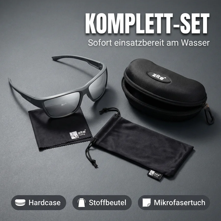 Zite Fishing Polarisationsbrille Orus – Silber verspiegelt mit UV400-Schutz, schwimmfähig & Hardcase - Umfangreiches Zubehör-Set