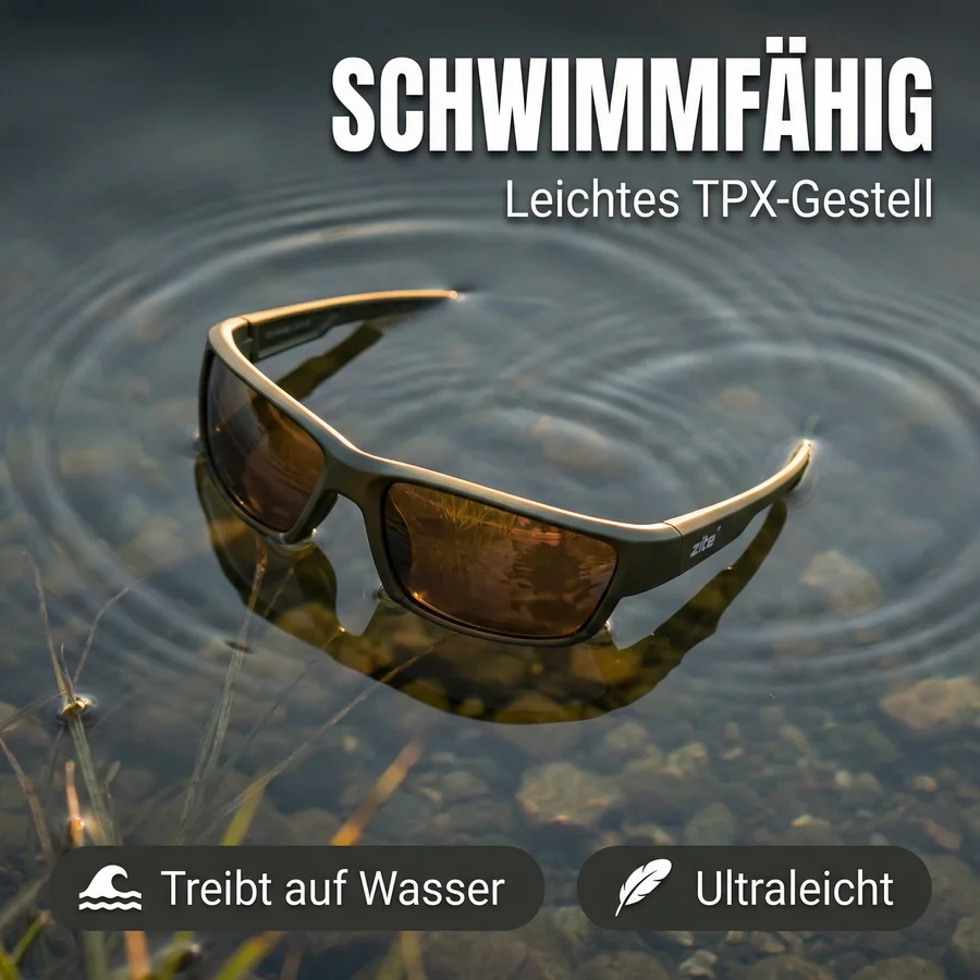 Zite Fishing Polarisationsbrille Orus – Braun mit UV400-Schutz, schwimmfähig & Hardcase - Schwimmfähiges TPX-Gestell