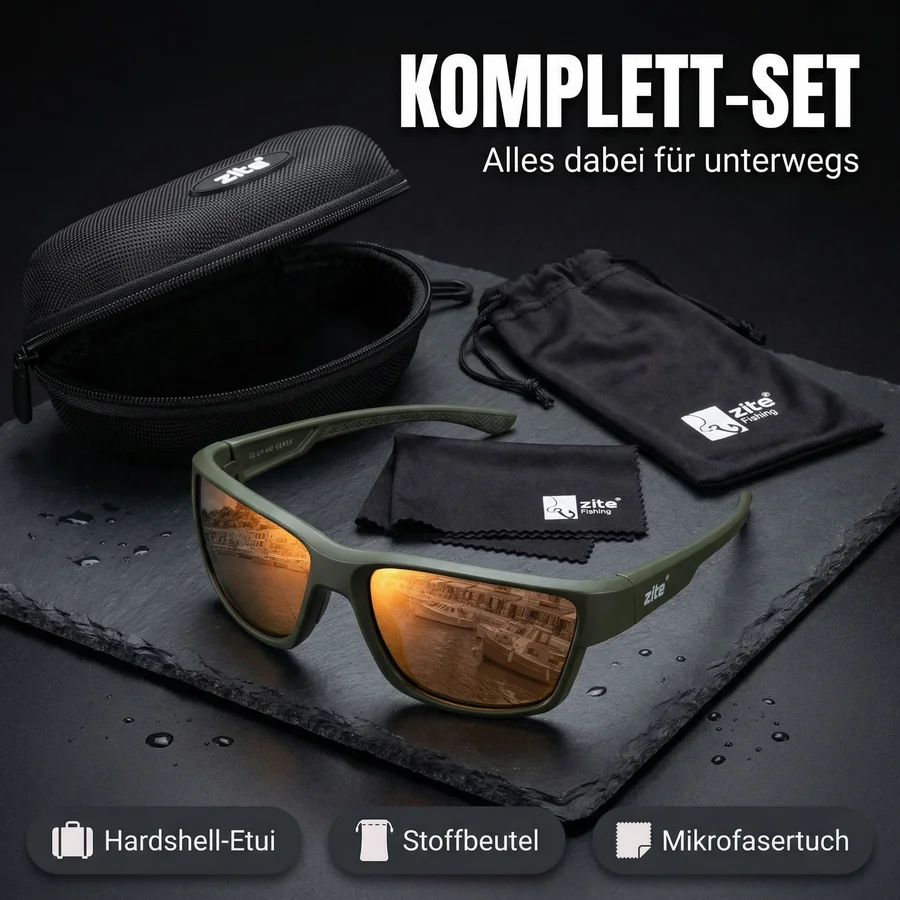 Zite Fishing Polarisationsbrille Orus – Braun mit UV400-Schutz, schwimmfähig & Hardcase - Umfangreiches Zubehör-Set