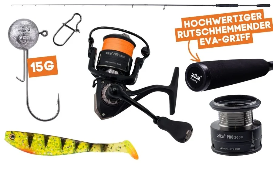 Inzite Pro Stick Barsch-Set - 225 cm Angelrute & Spinning Reel Pro 2000 bespult + Zubehör wie Schnur, Jighaken, Gummifis - Detaillierte Übersicht
