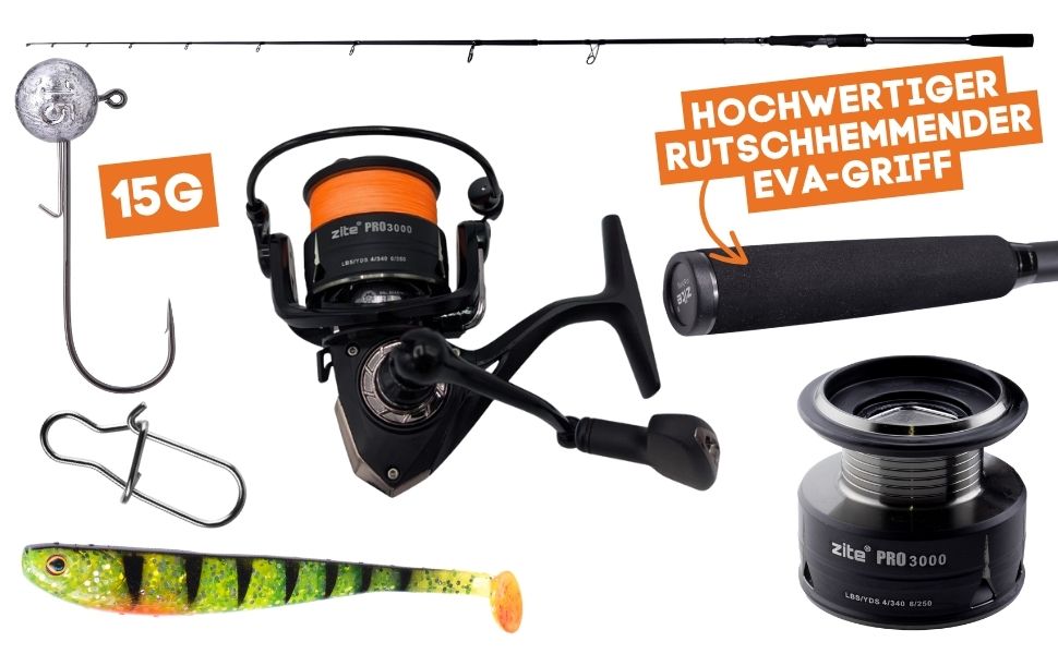 Inzite Pro Stick Zander-Set - 255 cm Angelrute + Spinning Reel Pro 3000 bespult & Zubehör wie Snaps, Gummifische, Jighak - Detaillierte Übersicht