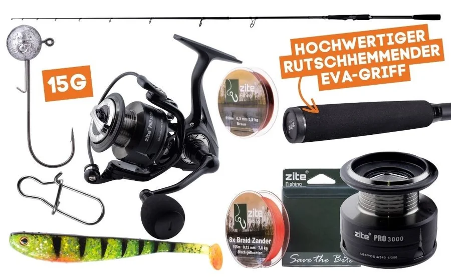 HechtSet,Inzite Pro Stick Hecht-Set - 255 cm Angelrute & Spinning Reel Pro 4000 + Zubehör wie Schnur, Jighaken, Gummifis - Detaillierte Übersicht