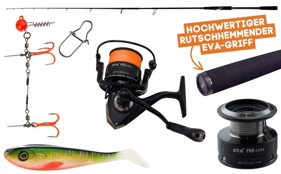 HechtSet,Inzite Pro Stick Hecht-Set - 255 cm Angelrute & Spinning Reel Pro 4000 bespult + Zubehör Jighaken, Gummifis - Detaillierte Übersicht