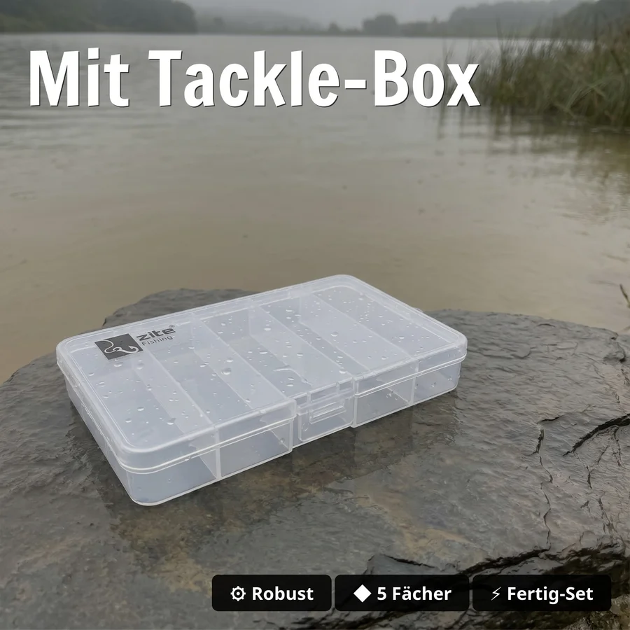 Zite Fishing Ready Rigged Pershads 8cm – 5 Gummifische fertig montiert auf Jighaken für Barsch & Zander - Mit Tackle-Box