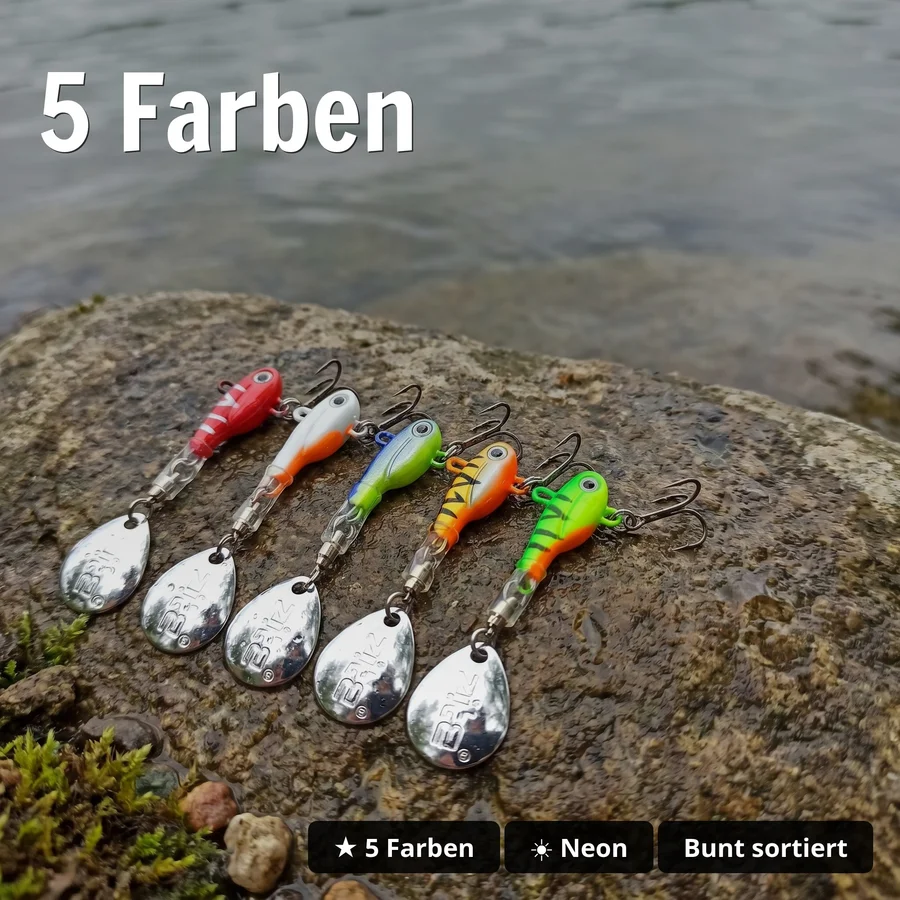 Zite Fishing Jigspinner Set Neon S 5g – 5 Farben für Barsch & Forelle inkl. Tackle-Box - 5 Farben