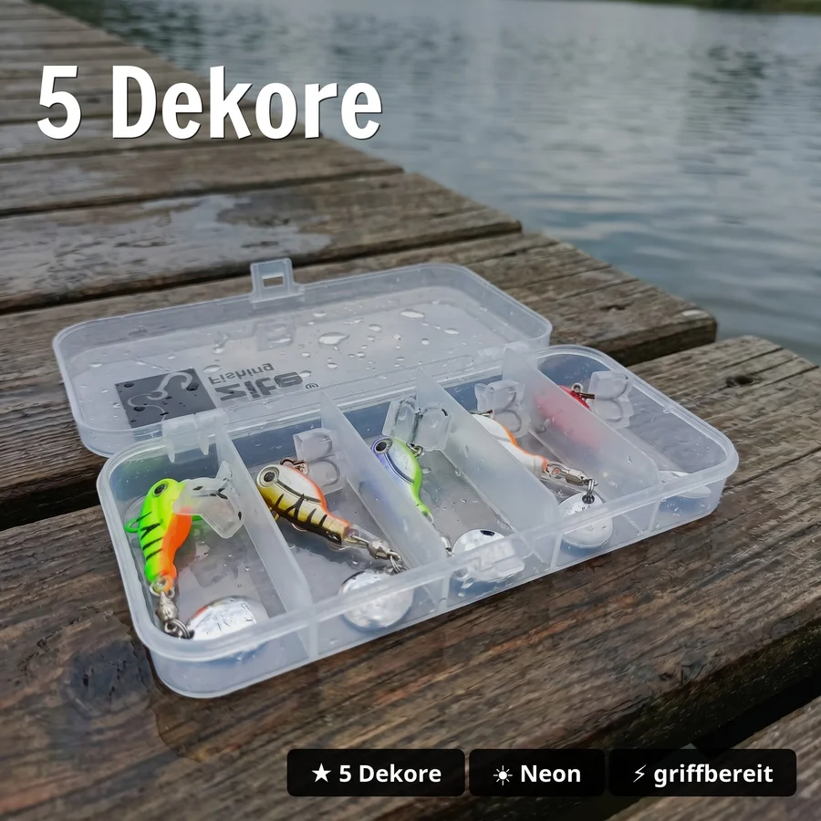 Zite Fishing Jigspinner Set Neon S 10g – 5 Köder mit Köderbox für Barsch, Forelle & Zander - 5 Dekore
