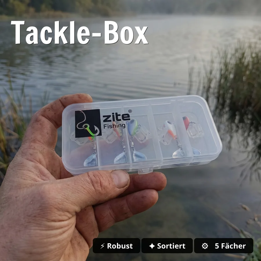 Zite Fishing Jigspinner Set Neon M 5g – 5 Spin-Jigs im Ultralight-Set mit Tackle-Box - Tackle-Box