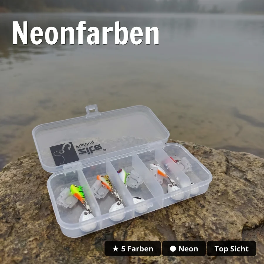 Zite Fishing Jigspinner Set Neon M 5g – 5 Spin-Jigs im Ultralight-Set mit Tackle-Box - Neonfarben