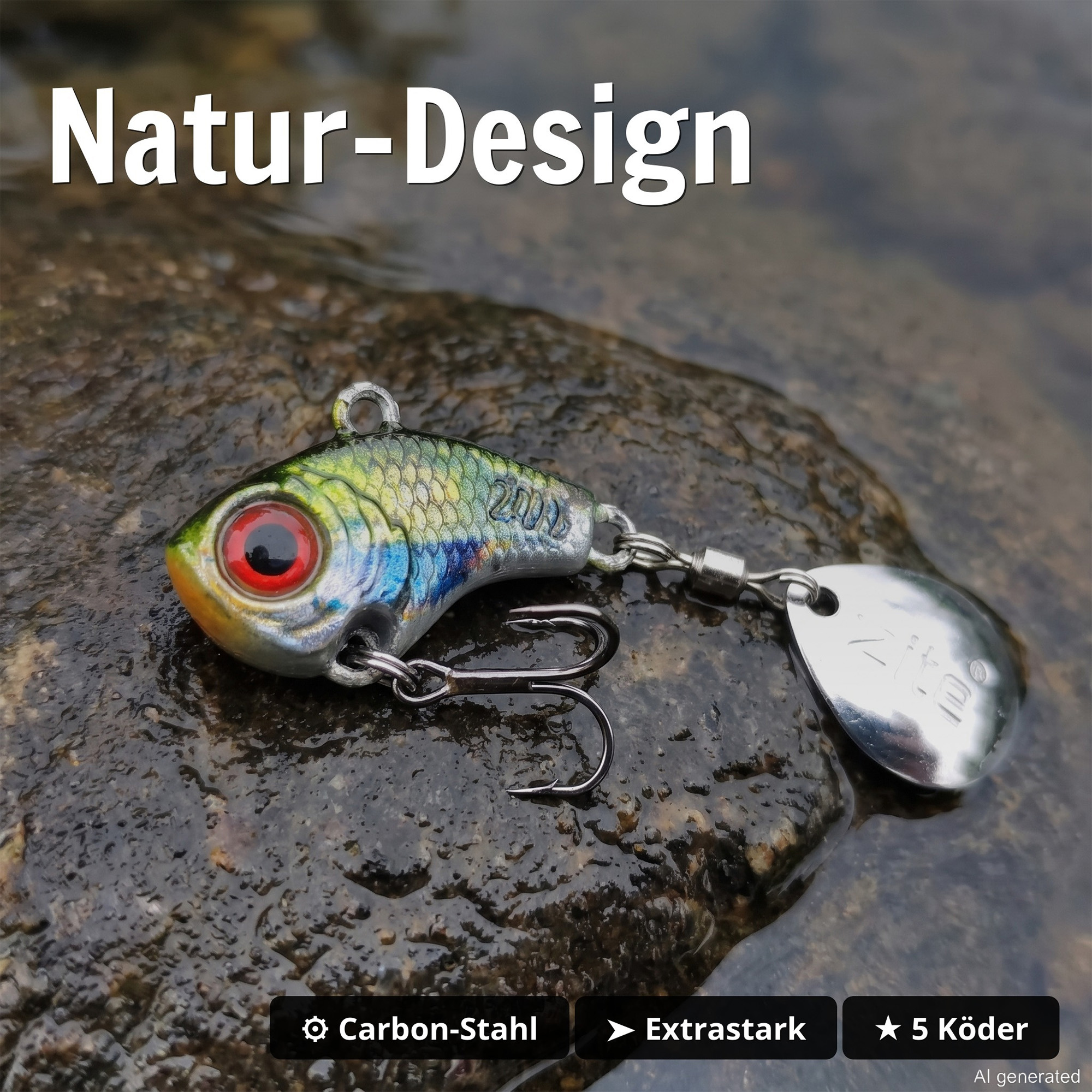 Zite Fishing Jigspinner Set Natur L 20g - 5 Spin Jigs im 3D-Beutefisch-Design für Barsch, Hecht & Zander - Natur-Design